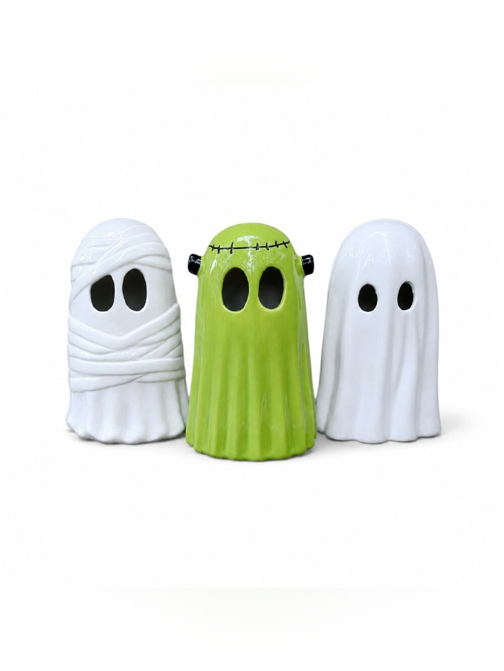 Goblin & Ghoul LED Ceramic Halloween Ghost Trio Decor Frankenstein Mummy NWOB